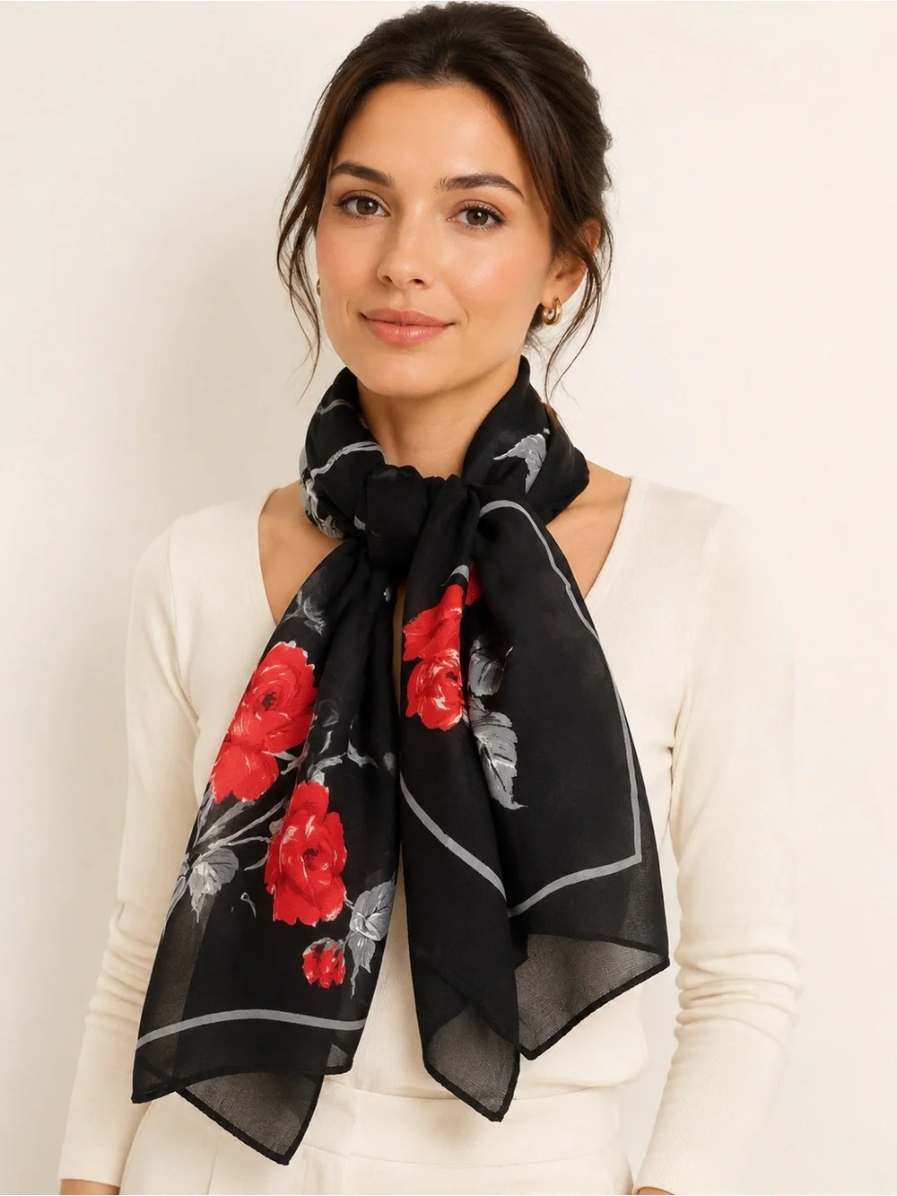 Honig Scarves Black Red Rose Floral Scarf Made in Italy